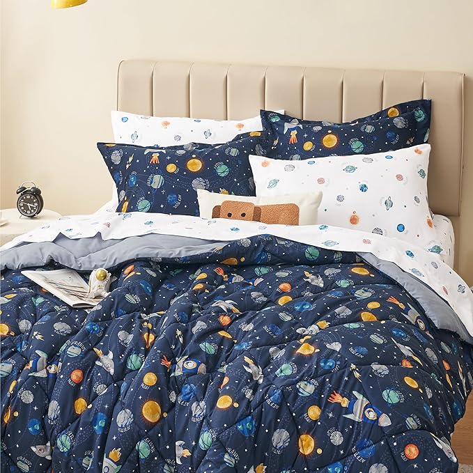 Twin Size Space Kids Bedding Set for Girls, 7 Pieces Super Soft Lightweight Microfiber Comforter Set with Sheets, Bed in a Bag, Durable Children Bed Set