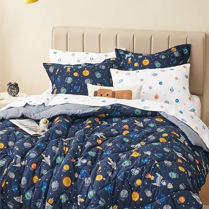 Twin Size Space Kids Bedding Set for Girls, 7 Pieces Super Soft Lightweight Microfiber Comforter Set with Sheets, Bed in a Bag, Durable Children Bed Set
