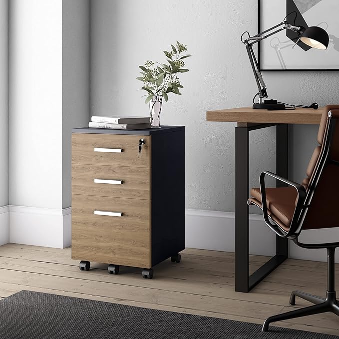 Lazio File Cabinet with Lock - Filing Cabinet for Home and Office - 3 Drawer Small Rolling File Cabinet -Wood Printer Stand with Storage for A4 Size/Legal Documents, File Folders (Cass Walnut/Black)