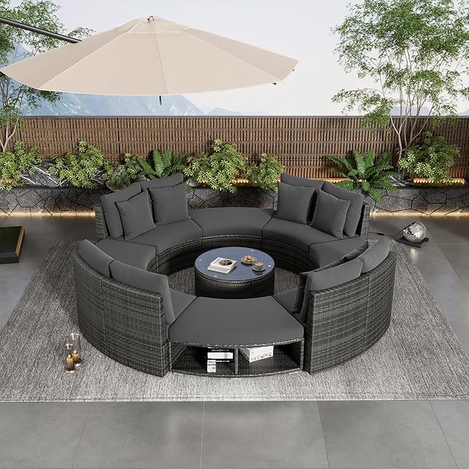 9-Pieces Outdoor Patio Furniture Set, Rattan Wicker Circular Sectional Sofa with Storage, Tempered Glass Table and 6 Pillows, Garden Lawn Half Moon Conversation Couch, Grey