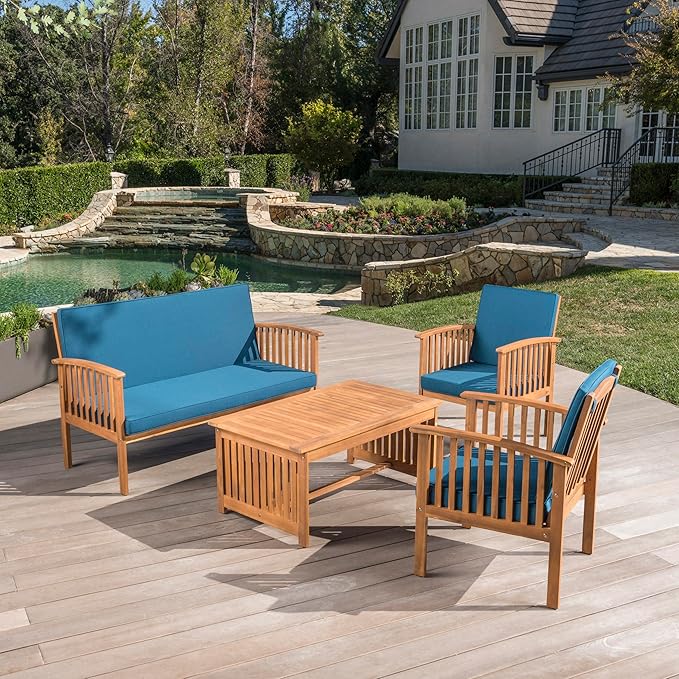 Christopher Knight Home Carolina Outdoor 4 Piece Patina Acacia Wood Sofa Conversation Patio Furniture Sets with Cushions, 27.50" D x 24.00" W x 33.25" H, Dark Teal/Brown