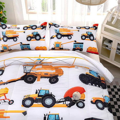 CVHOUSE Tractor Bedding Sets for Boys,Excavators Comforter Full,Boys Cartoon Truck Comforter Set,Trucks Tractors Cars Quilt Set with 1 Comforter and 2 Pillow Cases- 3 Piece