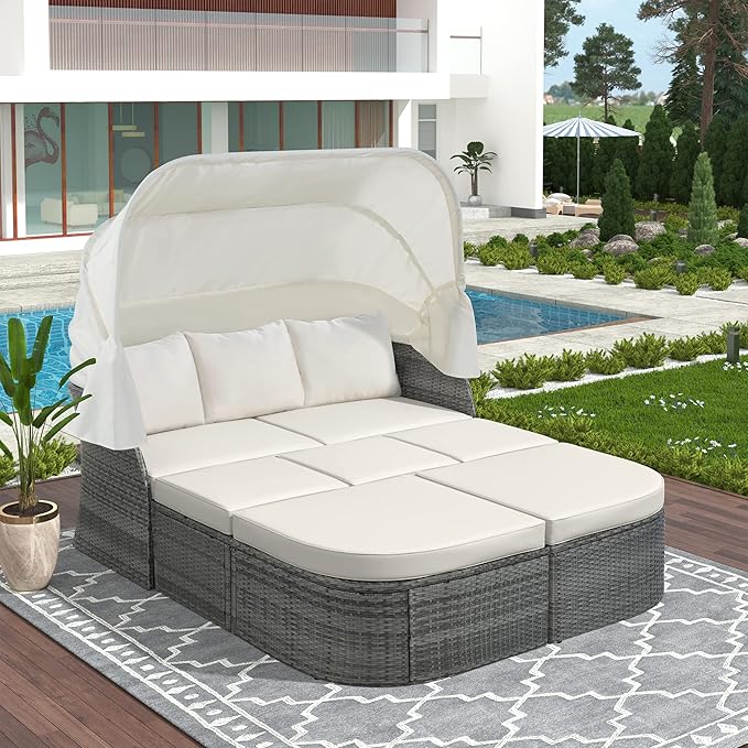 Rectangle Furniture Daybed Sunbed with Retractable Canopy, Outdoor Wicker Conversation Set with Cushions for Patio, Backyard, Porch, Garden, Hb-Beige