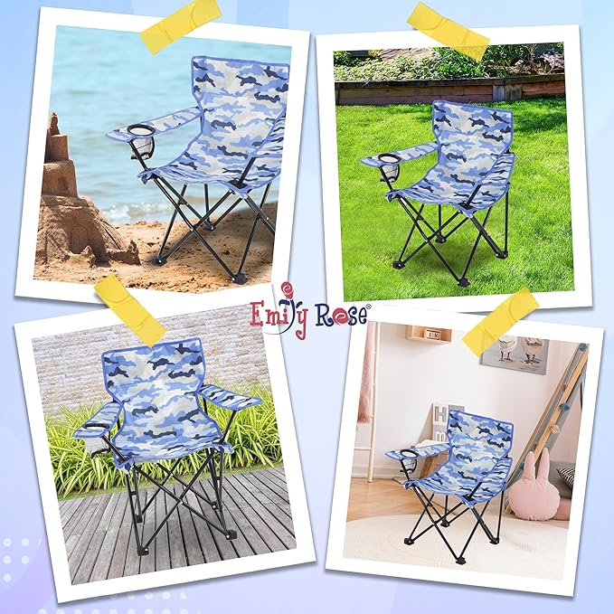 Emily Rose Kids Folding Chair | Beach Chair with Safety Lock- Camping Chair for Boyos Girls Toddler with Cup Holder & Carry Case- Tailgate, Travel, Lawn- for Indoor & Outdoor (Blue Camo)