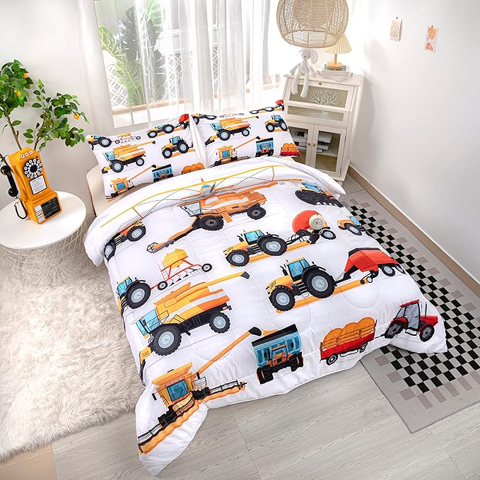 CVHOUSE Tractor Bedding Sets for Boys,Excavators Comforter King,Boys Cartoon Truck Comforter Set,Trucks Tractors Cars Quilt Set with 1 Comforter and 2 Pillow Cases- 3 Piece