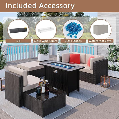 Shintenchi 6 Pieces Patio Furniture Sets w/Fire Pit Table, Outdoor Conversation Set w/50,000 BTU Steel Gas Fire Pit, Beige Patio Rattan Sectional Sofa Set w/Brown Top Fire Pit