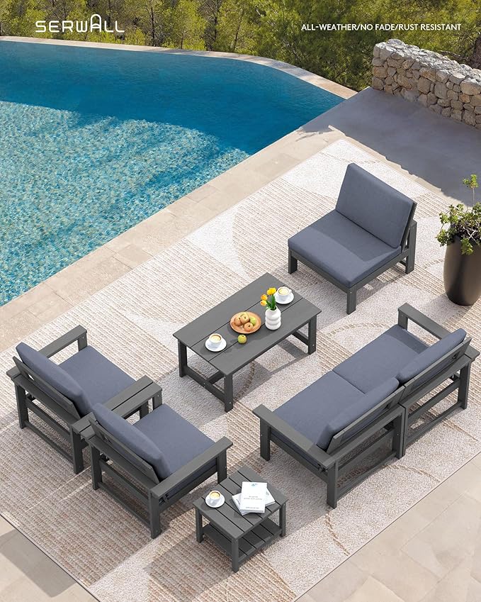 SERWALL HDPE Patio Coversation Set, 7-piece Outdoor Sectional Sofa Set, All Weather Patio Couch Set Patio Furniture for Balcony, Deck, Grey Frame with Grey Cushion