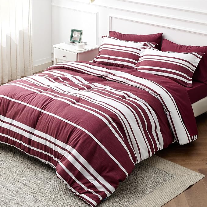 Bedsure Bed in a Bag Queen Size 7-Piece Burgundy White Striped Bedding Comforter Sets All Season Bed Set, 2 Pillow Shams, Flat Sheet, Fitted Sheet and 2 Pillowcases