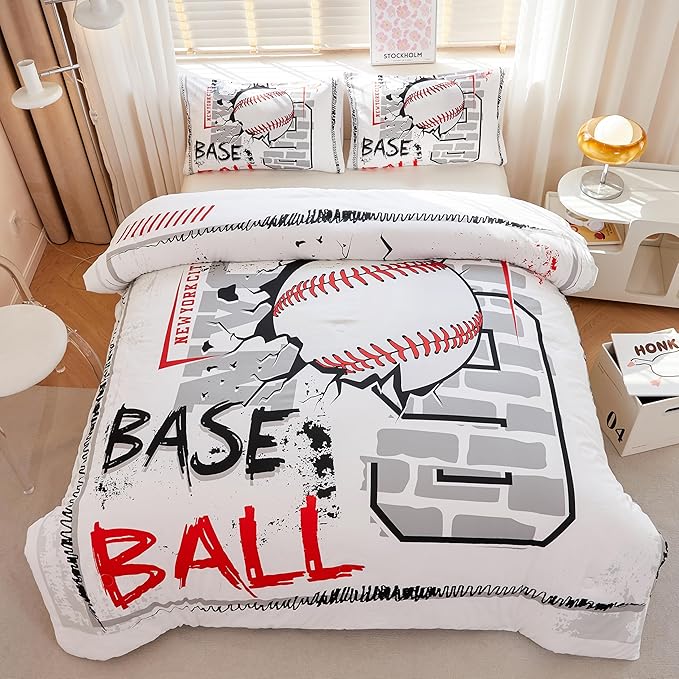 Baseball Bedding Full,Sports Comforter Set for Boys,Teen Boy Bedding Sets, Boys Baseball Comforter Set with 2 Pillowcases