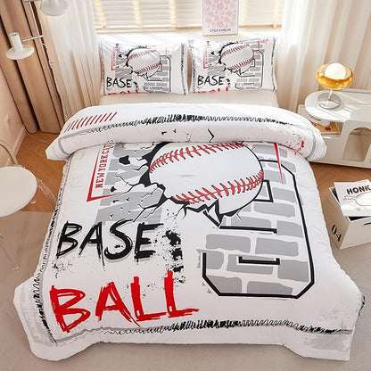 Baseball Bedding Full,Sports Comforter Set for Boys,Teen Boy Bedding Sets, Boys Baseball Comforter Set with 2 Pillowcases