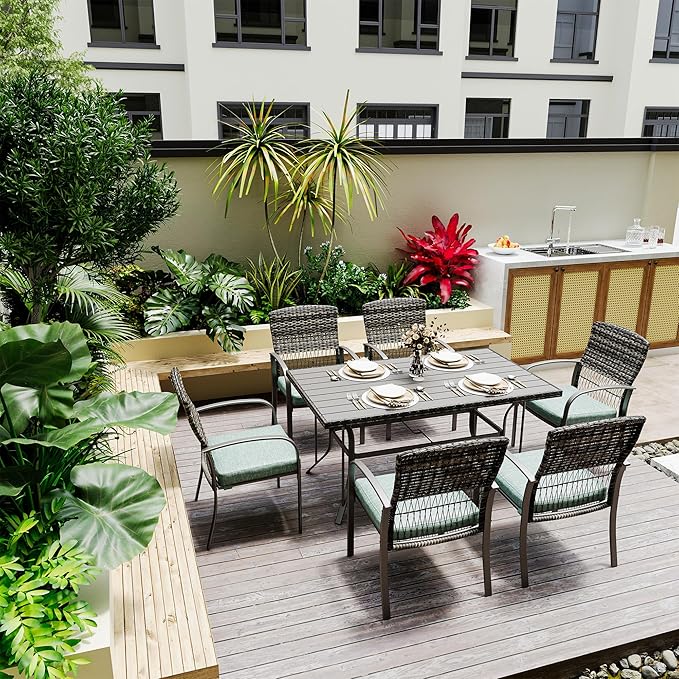 Pamapic Patio Dining Table Set, Outdoor Dining Set 7 Piece, Outdoor Wicker Furniture Set with Removable Cushions for Backyard Garden Deck/Iron Slats Table Top(Green)