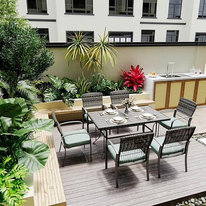 Pamapic Patio Dining Table Set, Outdoor Dining Set 7 Piece, Outdoor Wicker Furniture Set with Removable Cushions for Backyard Garden Deck/Iron Slats Table Top(Green)