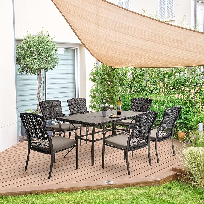 Patio Dining Set for 6, 7 PCS Patio Table & Chair Set, Metal Slatted Table with 2" Umbrella Hole, All-Weather Wicker Patio Dining Furniture with Removable Cushions for Deck, Lawn, Garden(Beige)