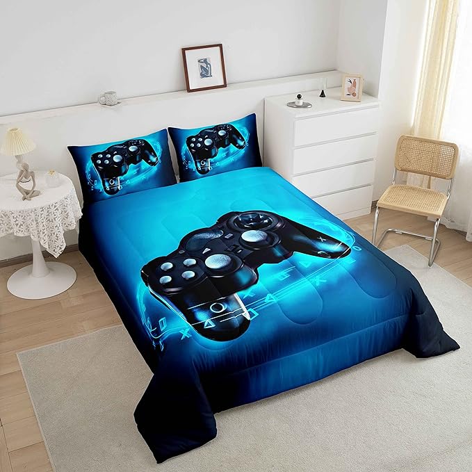 Feelyou Queen Size Gaming Comforter Set for Boys Gamer Bedding Set for Teens Kids Gamer Room Decor Blue Video Games Comforter Duvet Set Gamepad Quilted All Season 1 Comforter with 2 Pillow Cases