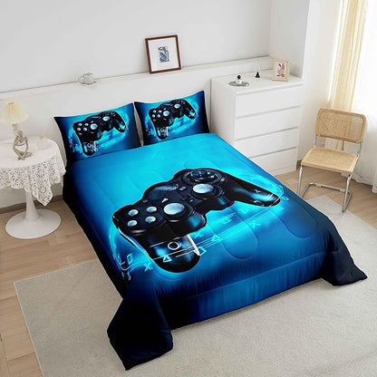 Feelyou Queen Size Gaming Comforter Set for Boys Gamer Bedding Set for Teens Kids Gamer Room Decor Blue Video Games Comforter Duvet Set Gamepad Quilted All Season 1 Comforter with 2 Pillow Cases