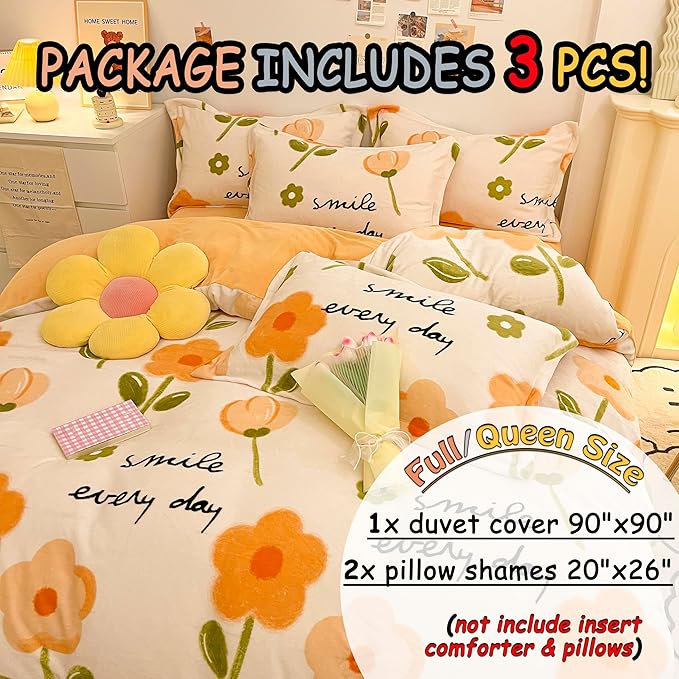 MorroMorn Queen Duvet Cover Orange Flowers, Floral Bedding Sets, Plush Fluffy Comforter Covers Set, Down Alternative Blanket Ultra Soft for Girls Kids Teen Women Full Double Size