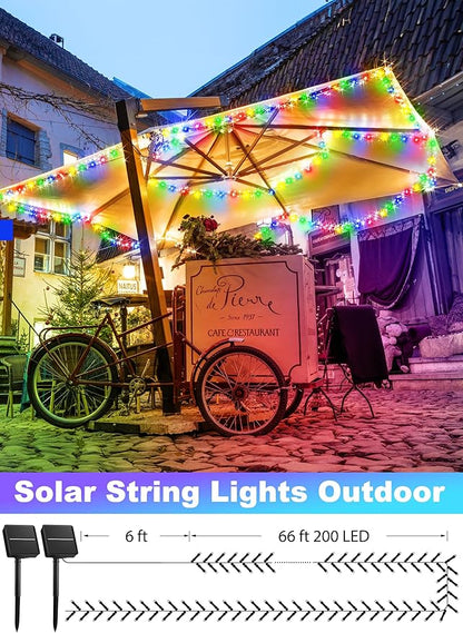 Minetom Christmas Lights Outdoor Solar Powered - 72FT 200 LED Christmas String Lights with 8 Lighting Modes, IP65 Waterproof Solar String Lights for Outside Tree Xmas Party Decoration, Multicolor