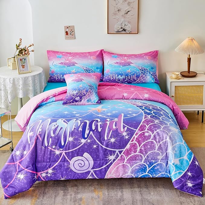 RYNGHIPY Mermaid Comforter Set 6Pcs, Kids Gilrs Bed in a Bag Full Size, Mermaid Tail Print Teens Girls Bedding Set, Rainbow Bedding Collections