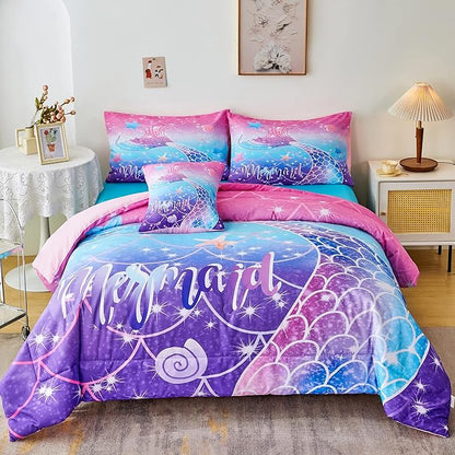 RYNGHIPY Mermaid Comforter Set 6Pcs, Kids Gilrs Bed in a Bag Twin Size, Mermaid Tail Print Teens Girls Bedding Set, Rainbow Bedding Collections
