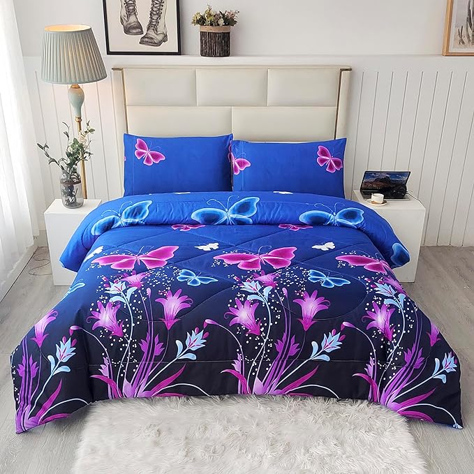 SDY 3PCS Butterfly Comforter Set Twin, Bed in a Bag Set Twin Quilt Set, Kawaii Comforter Purple Floral Bedding, Bedroom Decor Aesthetic for Girls, Kids, Toddler, Children, Teenage, Baby…