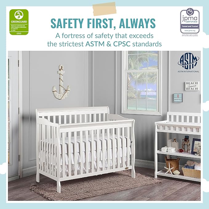 Dream On Me Ashton 4-In-1 Convertible Crib In White, Greenguard Gold, JPMA Certified, Non-Toxic Finishes, Features 4 Mattress Height Settings, Made Of Solid Pinewood