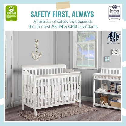 Dream On Me Ashton 4-In-1 Convertible Crib In White, Greenguard Gold, JPMA Certified, Non-Toxic Finishes, Features 4 Mattress Height Settings, Made Of Solid Pinewood