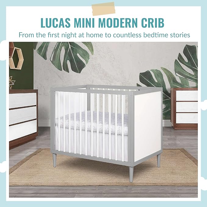 Lucas Mini Modern Crib with Rounded Spindles, 39"L x 25.5"W x 33"H