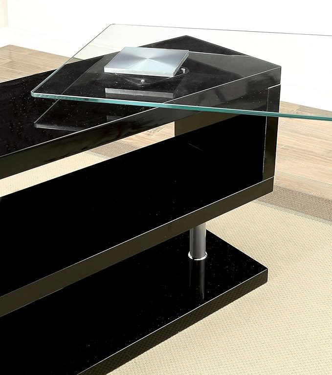 Furniture of America Lilliana S-Shaped Glass-Top Office Desk, Black