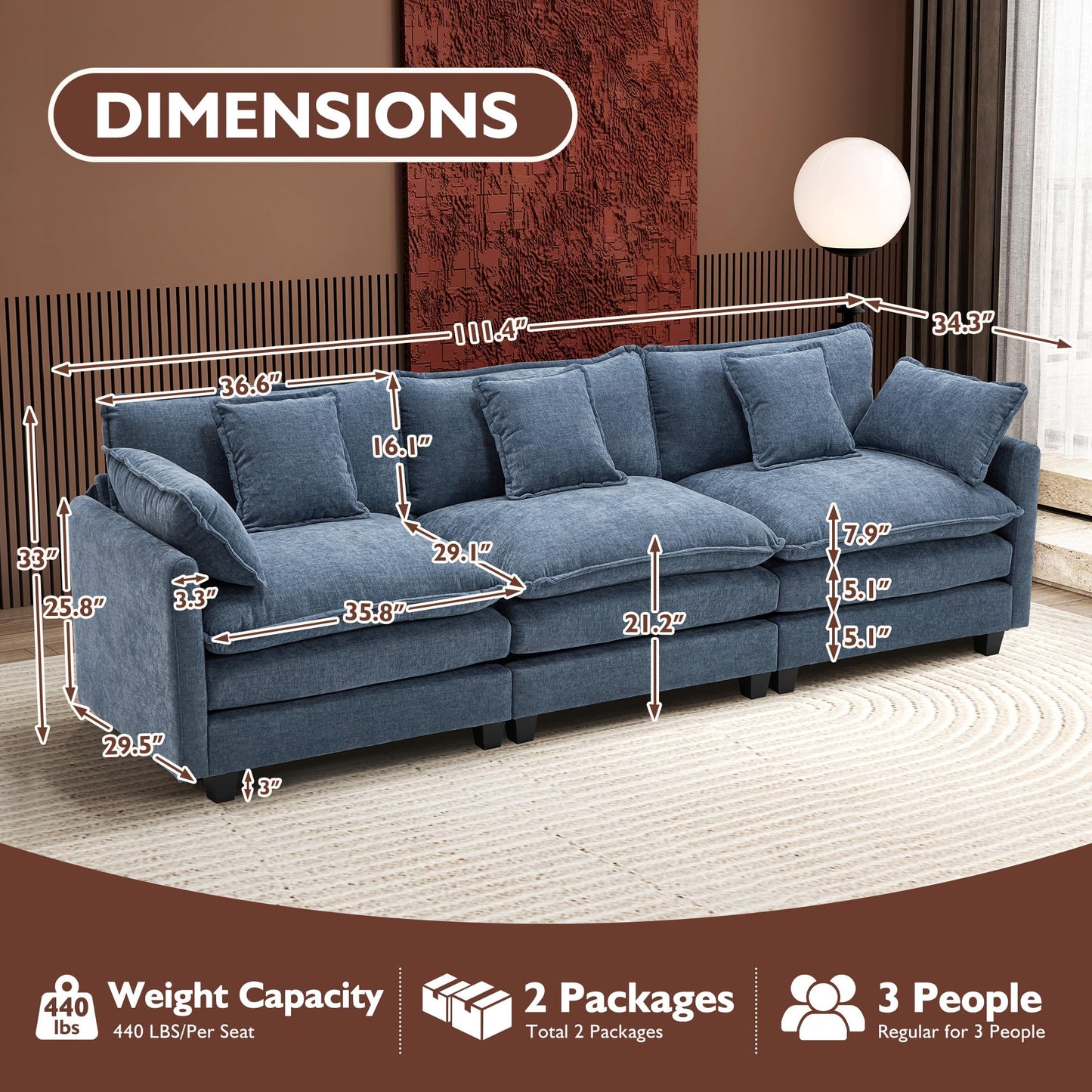 Ihanherry 111.4" L Shaped Modern Sofa Modular Sectional Cloud Couch with Ottoman, 4-Seat Chenille Deep Seat Sofa with Pillow for Living Room, Bedroom and Apartment, Beige
