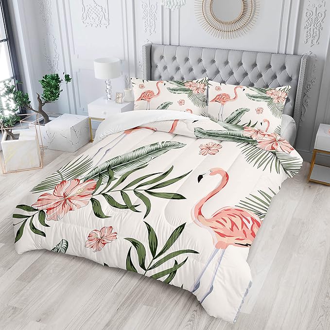Flamingo Comforter Set Full Size Tropical Flamingo Palm Tree Leaf Pattern Bedding Set Flower Quilted Duvet for Kids Girls Boys Adult with 1 Comforter and 2 Pillowcases