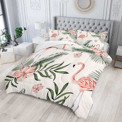 Flamingo Comforter Set Full Size Tropical Flamingo Palm Tree Leaf Pattern Bedding Set Flower Quilted Duvet for Kids Girls Boys Adult with 1 Comforter and 2 Pillowcases