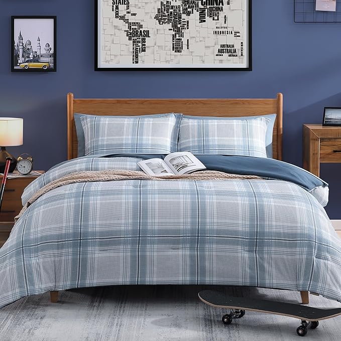 Blue King Size Comforter, Dorm Plaid Light Blue King Bedding Set Homestead-style King Size Bed Set for Bedroom (Light Blue,King,102"*90")