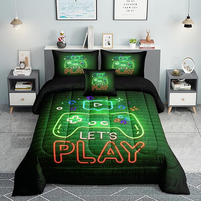 6 PCS Gamer Queen Comforter Sets,Queen Bedding Sets for Boys,Gaming Comforter Set,Queen Size Bedding Sets for Boys,Bed in A Bag with Sheets(Queen,Green Color)