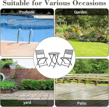 BACKYARD EXPRESSIONS PATIO · HOME · GARDEN 3 Pc 3 Piece Folding Outdoor Bistro, Wicker Furniture Table and Chairs for Garden, Backyard, Porch, Patio Conversation Set, Grey/Black