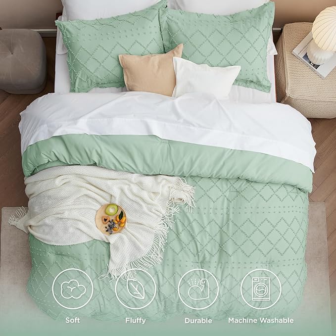 Bedsure Twin/Twin XL Comforter Set - Green Boho Twin Extra Long Comforter Set for College, Shabby Chic Dorm Bedding Set, 2 Pieces Modern Farmhouse Bed Set, includes 1 Pillow Sham