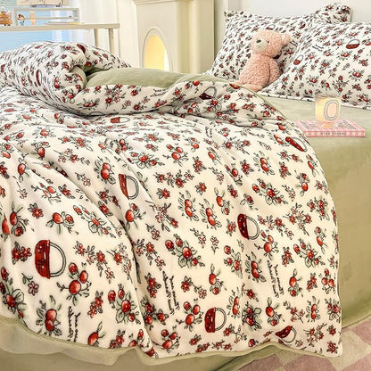 MorroMorn Queen Duvet Cover, Red Cherries Floral Bedding Sets, Plush Fluffy Comforter Covers Set, Down Alternative Blanket Ultra Soft Kawaii Cute for Girls Kids Teen Women Full Double Size