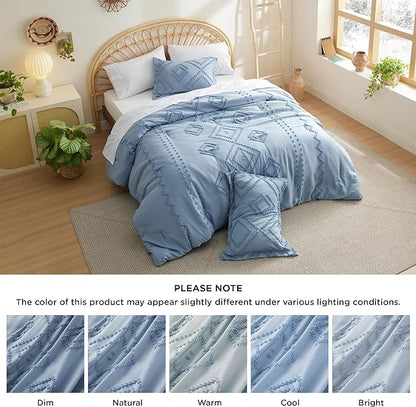 Bedsure Boho Comforter Set Queen - Mineral Blue Tufted Bedding Comforter Set, 3 Pieces Farmhouse Shabby Chic Embroidery Bedding Set, Soft Geometric Pattern Comforter for All Seasons