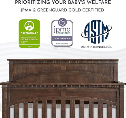 Evolur Santa Fe 5-in-1 Convertible Crib in Antique Brown, Greenguard Gold Certified, Features 3 Mattress Heights, Wooden Nursery and Bedroom Furniture, Baby Crib