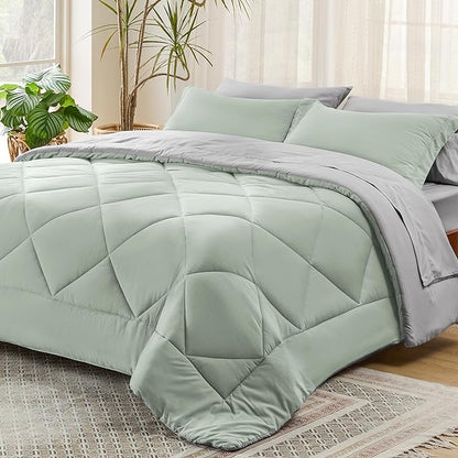 Bedsure Sage Green Full Comforter Set - 7 Pieces Reversible Bed Set Sage Green Bed in a Bag Full with Comforters, Sheets, Pillowcases & Shams, Full Bedding Sets