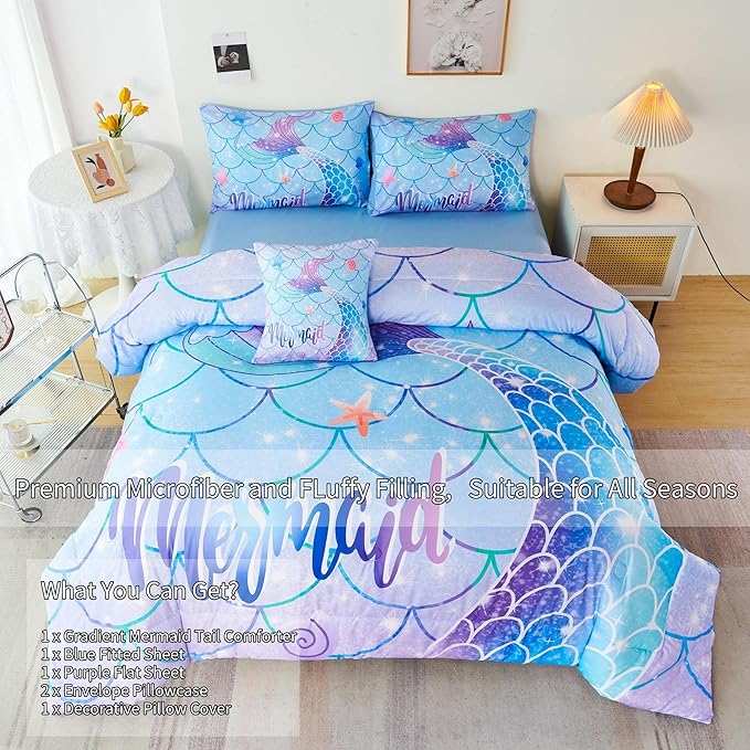 RYNGHIPY 6Pcs Mermaid Tail Comforter Set for Kids Girls, Mermaid Fish Scale Bed in a Bag Queen Size, Sparkle Teal Purple Rainbow Bedroom Decor Bedding Set