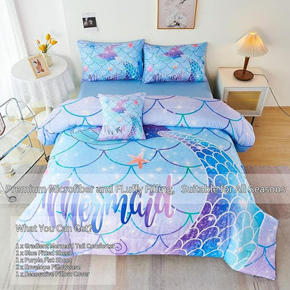 RYNGHIPY 6Pcs Mermaid Tail Comforter Set for Kids Girls, Mermaid Fish Scale Bed in a Bag Queen Size, Sparkle Teal Purple Rainbow Bedroom Decor Bedding Set