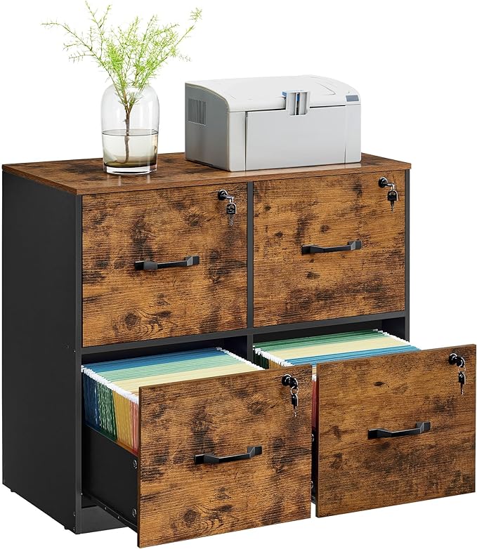 VASAGLE 4-Drawer File Cabinet, Filing Cabinet for Home Office, Printer Stand, with 4 Lockable Drawers, Adjustable Hanging Rail, for A4 and Letter-Size Files, Rustic Brown UOFC062B01