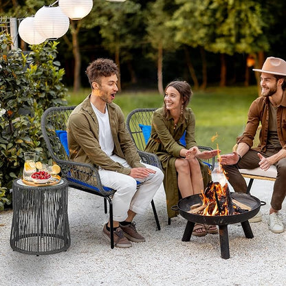 YITAHOME 3-Piece Outdoor Patio Furniture Wicker Bistro Set, All-Weather Rattan Conversation Chairs for Backyard, Balcony and Deck with Soft Cushions, Glass Side Table (Gray+Navy Blue)
