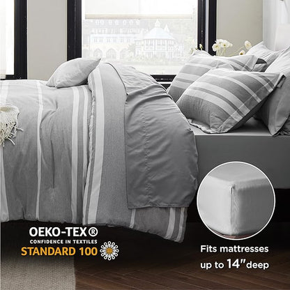 Bedsure California King Comforter Set Size 7 Pieces, Gray White Striped Cali King Bed Set All Season Bedding Sets, Bed in a Bag with Comforter, Sheets, Pillowcases & Shams