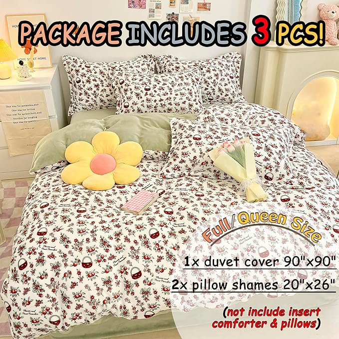 MorroMorn Queen Duvet Cover, Red Cherries Floral Bedding Sets, Plush Fluffy Comforter Covers Set, Down Alternative Blanket Ultra Soft Kawaii Cute for Girls Kids Teen Women Full Double Size