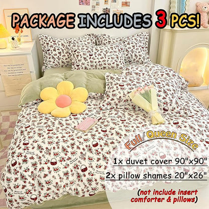 MorroMorn Queen Duvet Cover, Red Cherries Floral Bedding Sets, Plush Fluffy Comforter Covers Set, Down Alternative Blanket Ultra Soft Kawaii Cute for Girls Kids Teen Women Full Double Size