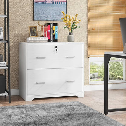 Lateral File Cabinet with 2 Drawers, 31.5 Inches Large Filing Cabinet for Hanging Letter/Legal/F4/A4 Size Files with Lock, Home Office, White