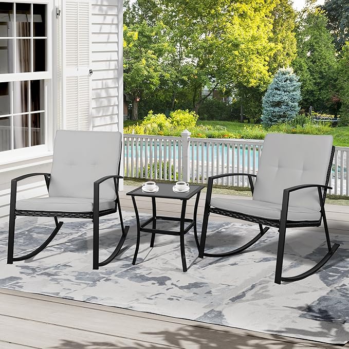 Shintenchi Outdoor 3 Piece Rocking Bistro Set, Wicker Patio Outdoor Furniture Porch Chairs Conversation Sets with Glass-Top Coffee Table for Backyard Porch Poolside Lawn, Garden,Gray