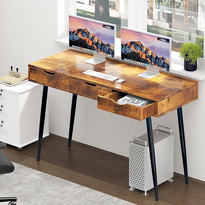 sogesfurniture Mid Century Writing Computer Desk with 3 Drawers, Makeup Vanity Table, 43.3'' Writing Study Desk for Home Office, Dressing Table, Rustic Brown