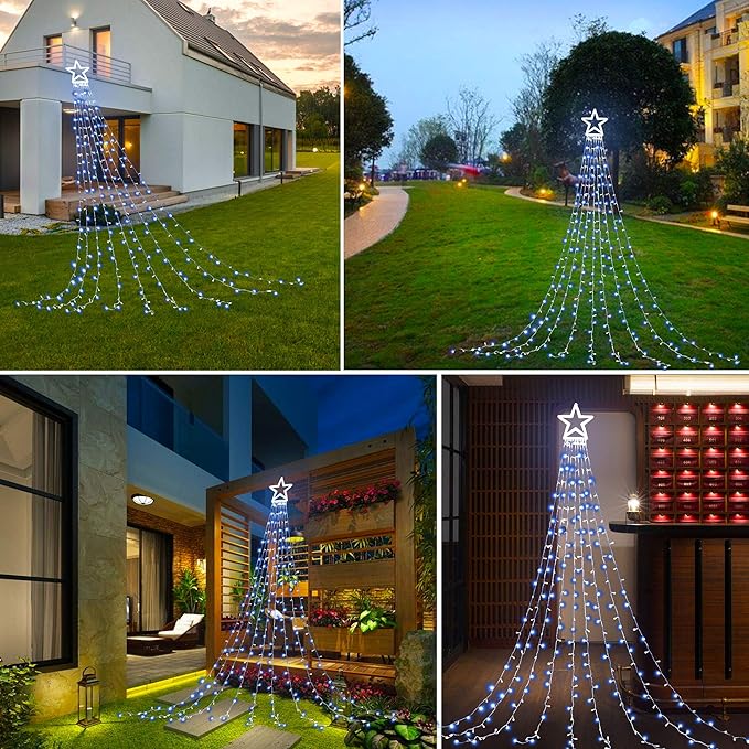 PUHONG Christmas Decoration Outdoor Star String Lights,16.4Ft Christmas Tree Toppers Lights 320 LED 8 Memory Modes with 14" Lighted Star for Halloween Christmas New Year Holiday Birthday(White)